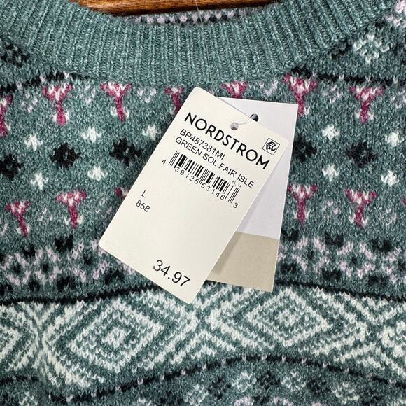 New BP. Nordstrom Fair Isle Geometric Print Crewneck Sweater Green Size Large - Picture 4 of 8